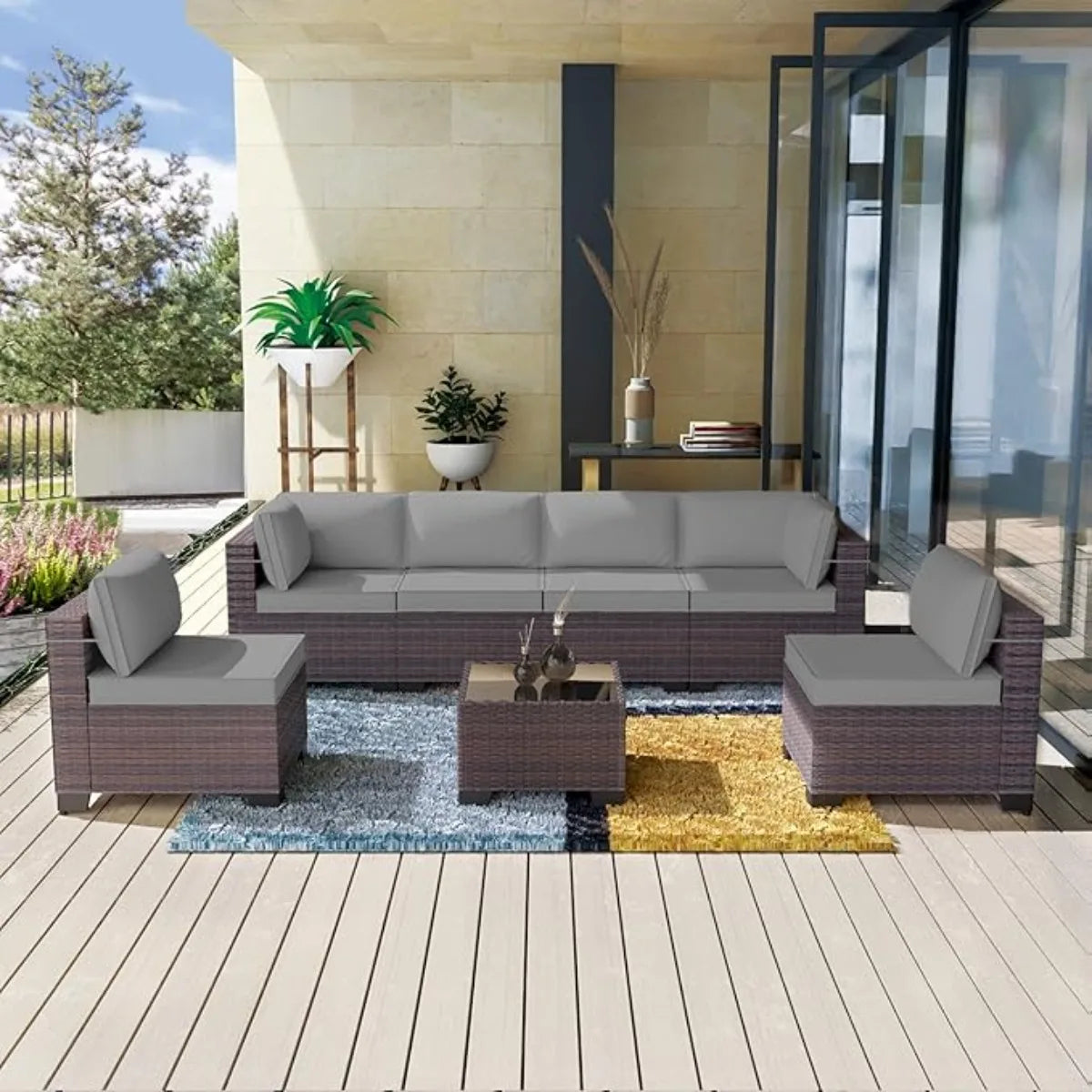 XIUWO 7 Piece Outdoor Patio Furniture Set Rattan Sectional Sofa