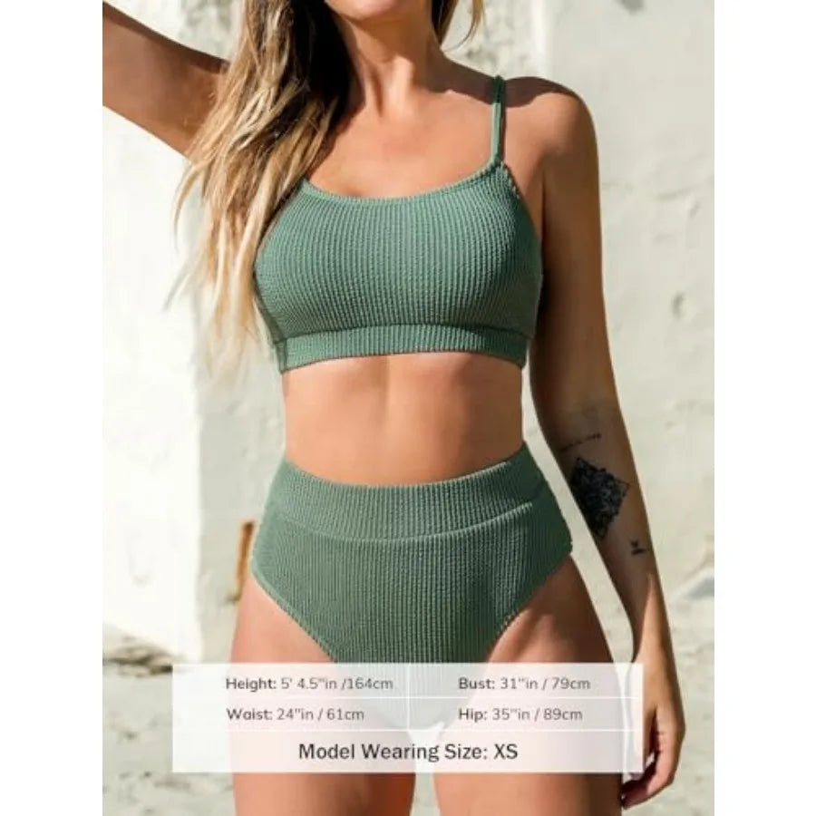 CUPSHE Women's Bikini Set Two Pcs Swimsuits High Waisted Scoop Neck Spaghetti Adjustable Straps Textured
