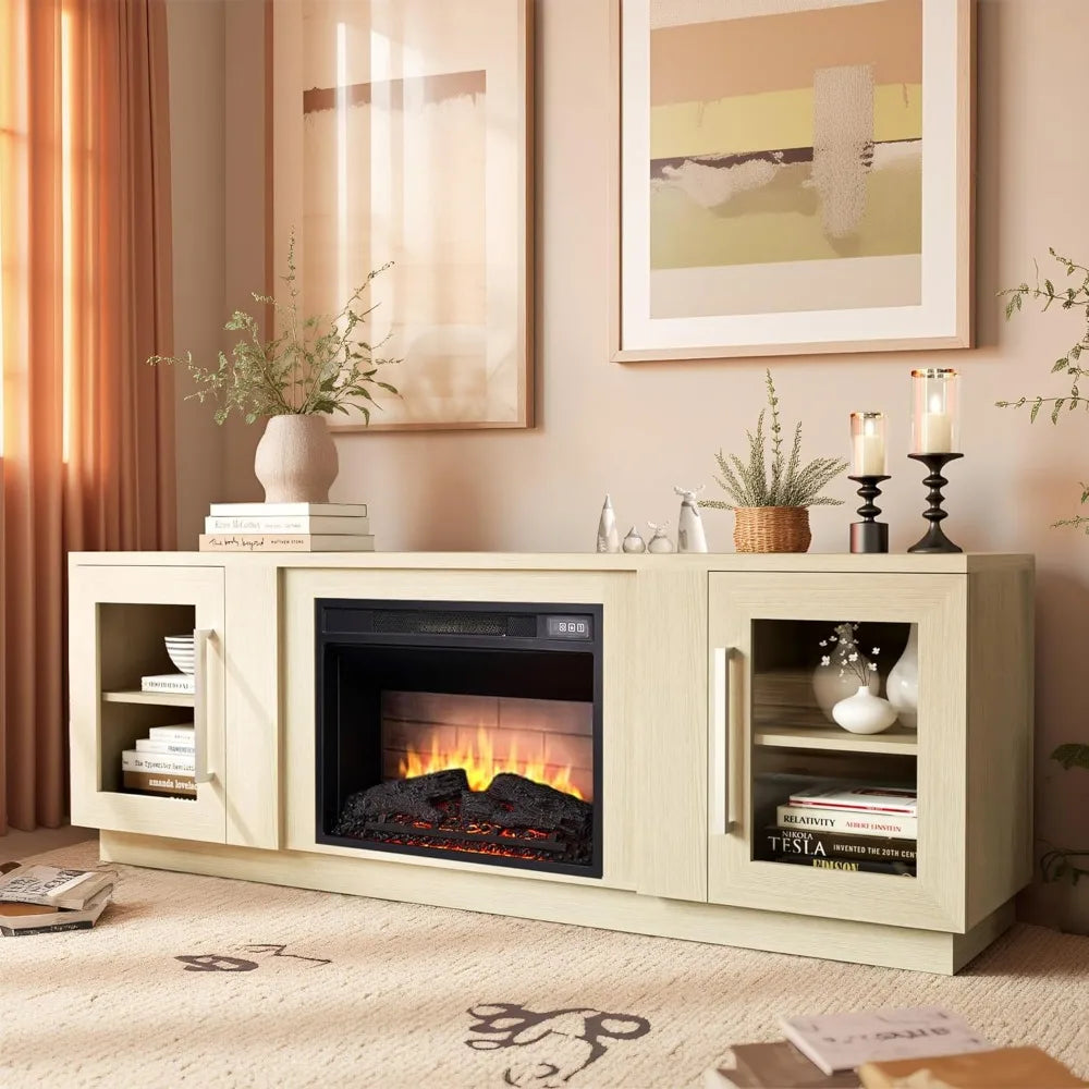 Customized 80 Inch TV Stand with Electric Fireplace, Antique White Entertainment Center Media Console, Barn Door Design with Sto