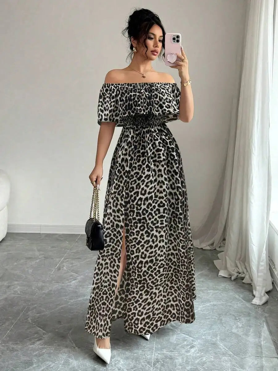 Off-Shoulder Ruffled Sleeve Floral Maxi Dress with High Slit for Beach Vacation