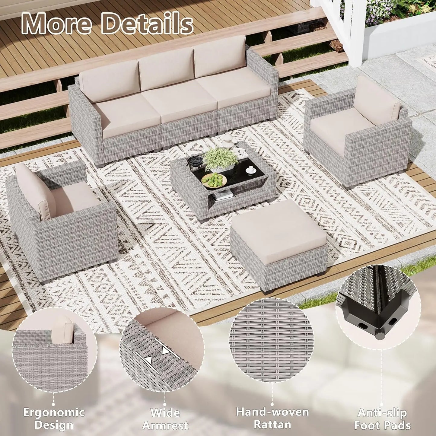 7 Piece Outdoor Patio Furniture Set, Rattan Chairs Glass Table Wicker Conversation Seating Sectional Sofa with Cushions, Custom