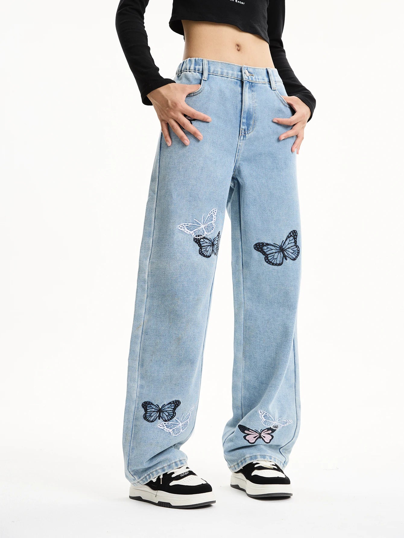 Retro butterfly embroidered long straight leg jeans for middle and high school girls and teenagers, loose and casual wide-leg st