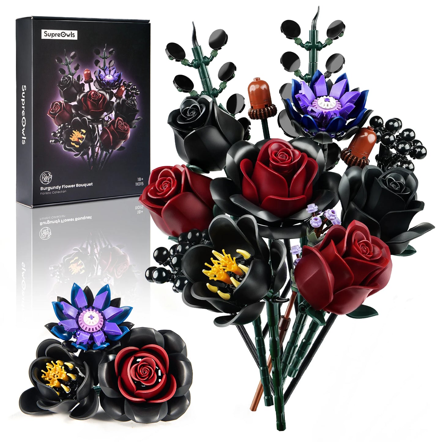 SupreOwls Bouquet Building Set Simulated Roses Artificial Flower Block Botanical Collection Gothic Decor Halloween Creative Gift