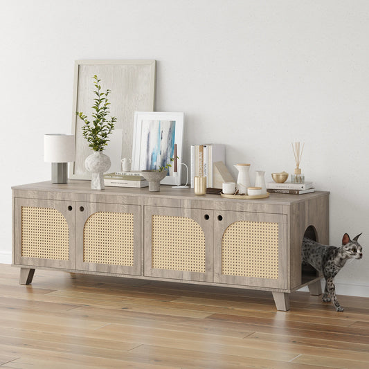 Flip Top Hidden Cat Litter Box Enclosure Furniture Cabinet with Rattan Decorated Doors for Your Home, Two Entrances