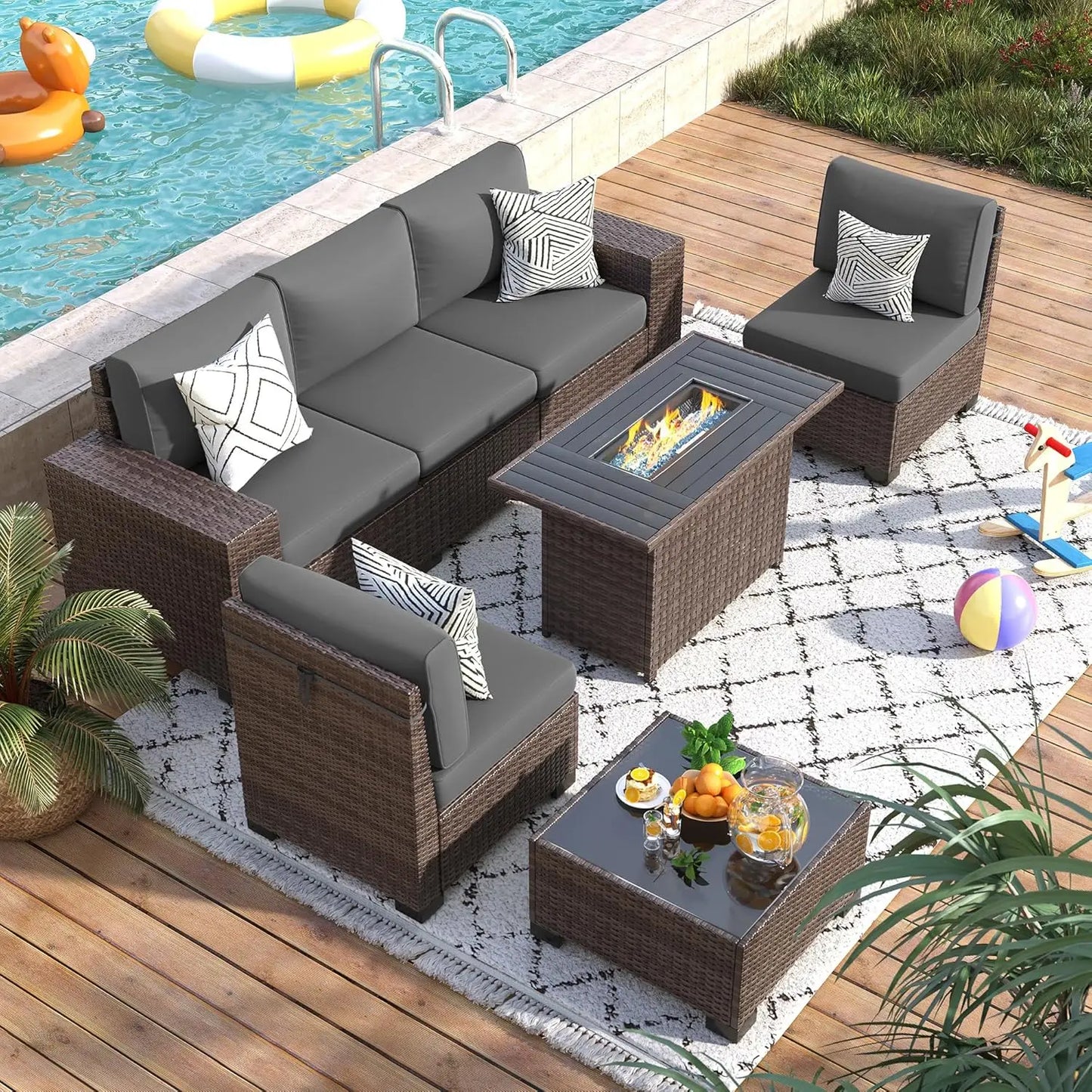 Patio Furniture Set with Fire Pit Table, 7 Piece Outdoor Sectional Conversation Sets Wicker Rattan Sectional Sofa, Customized