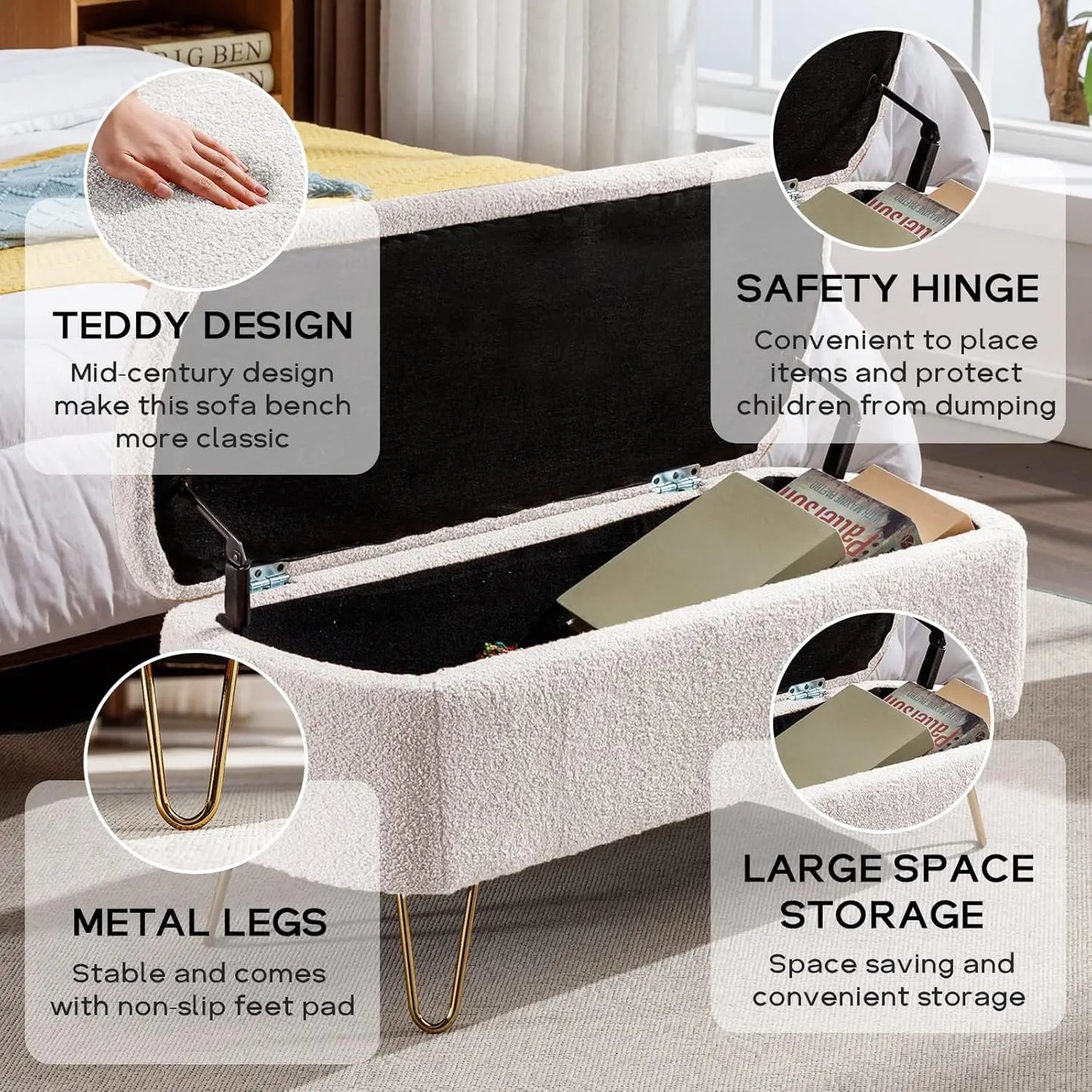 Modern Storage Ottoman Bench, Vintage Boucle Upholstered Entryway Bench, End of Bed Bench with Gold Legs, Padded, Customized