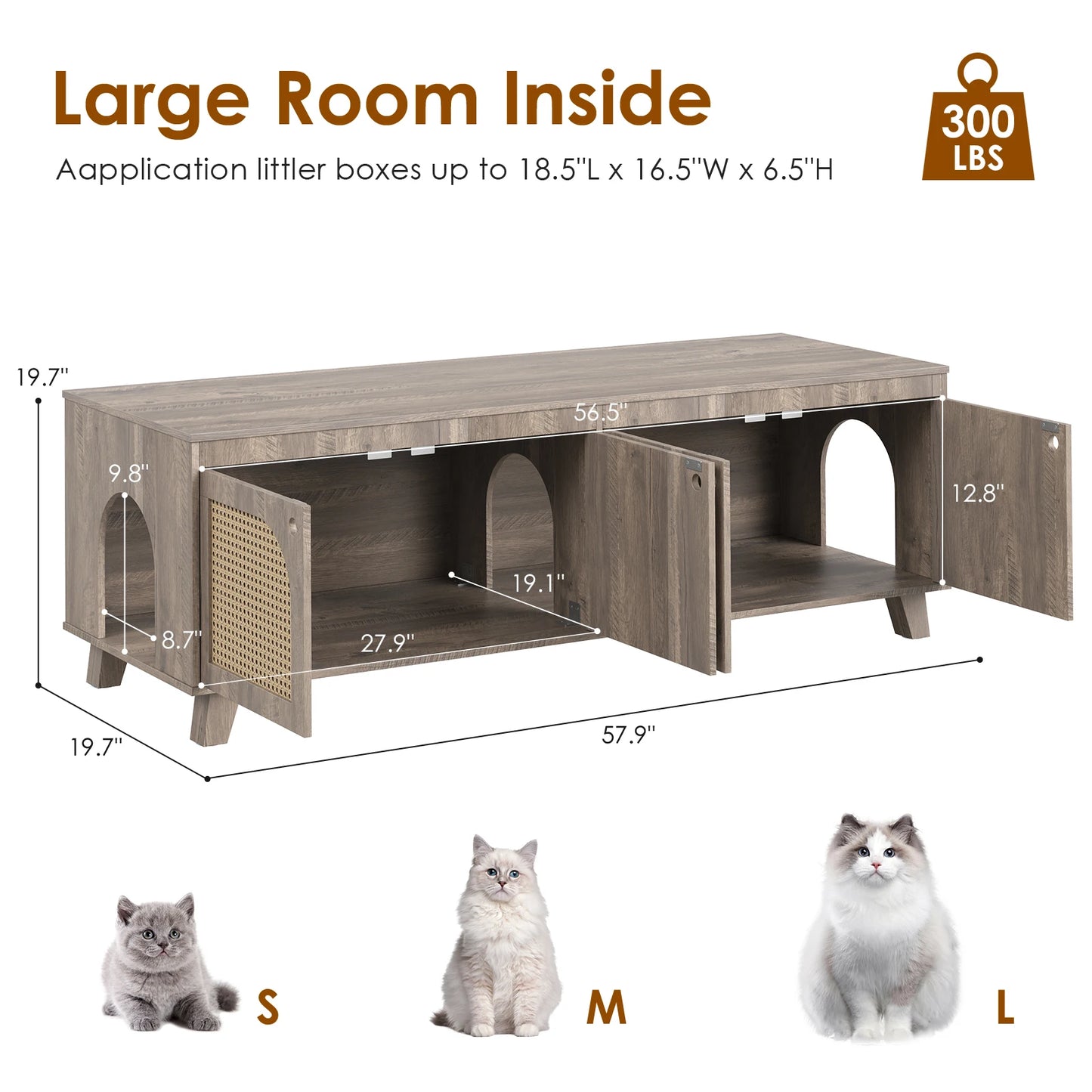 Flip Top Hidden Cat Litter Box Enclosure Furniture Cabinet with Rattan Decorated Doors for Your Home, Two Entrances