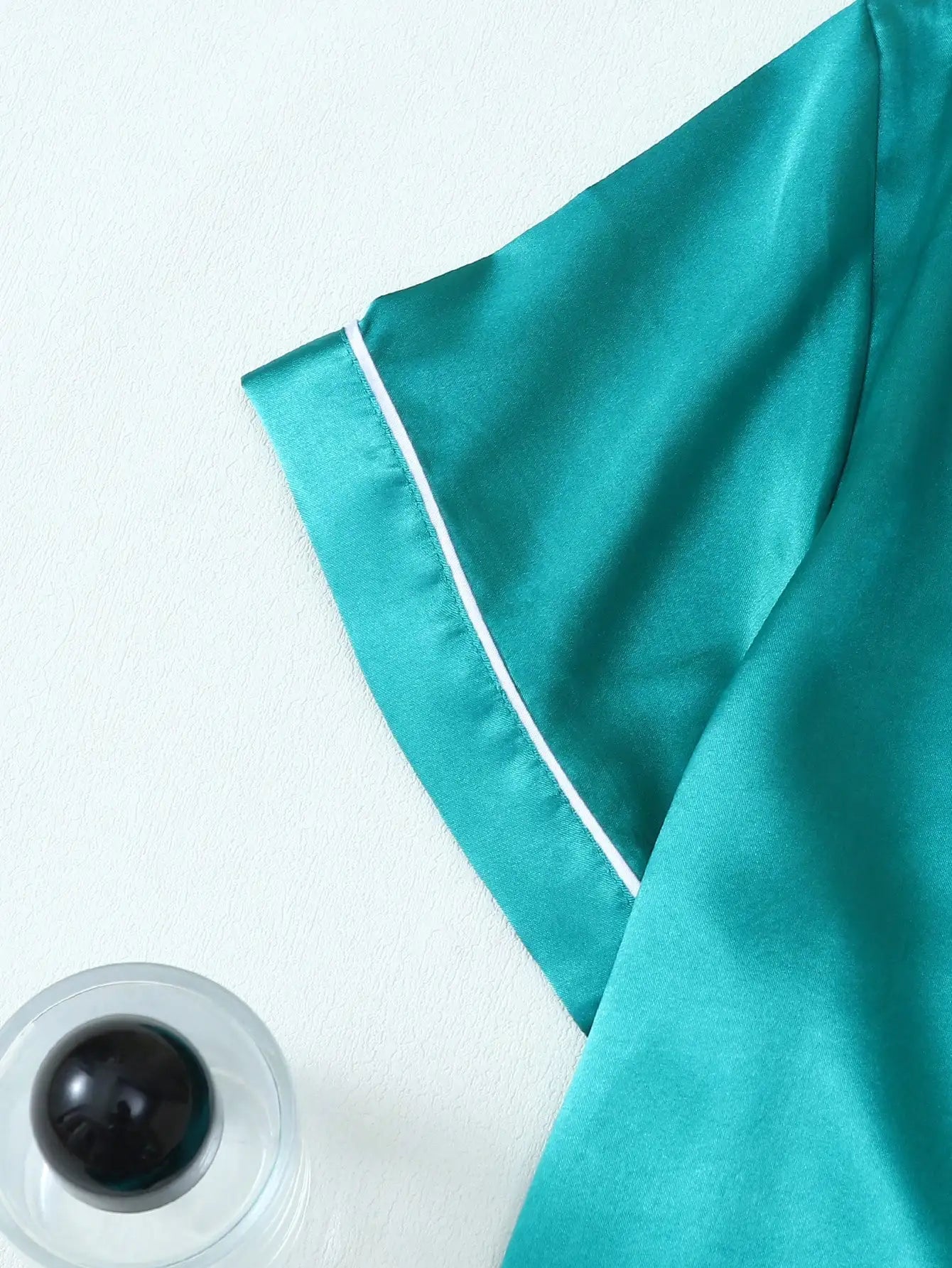 Teal Satin Pajama Set with White Trim, Short Sleeve Button-Up Top and Bowknot Shorts