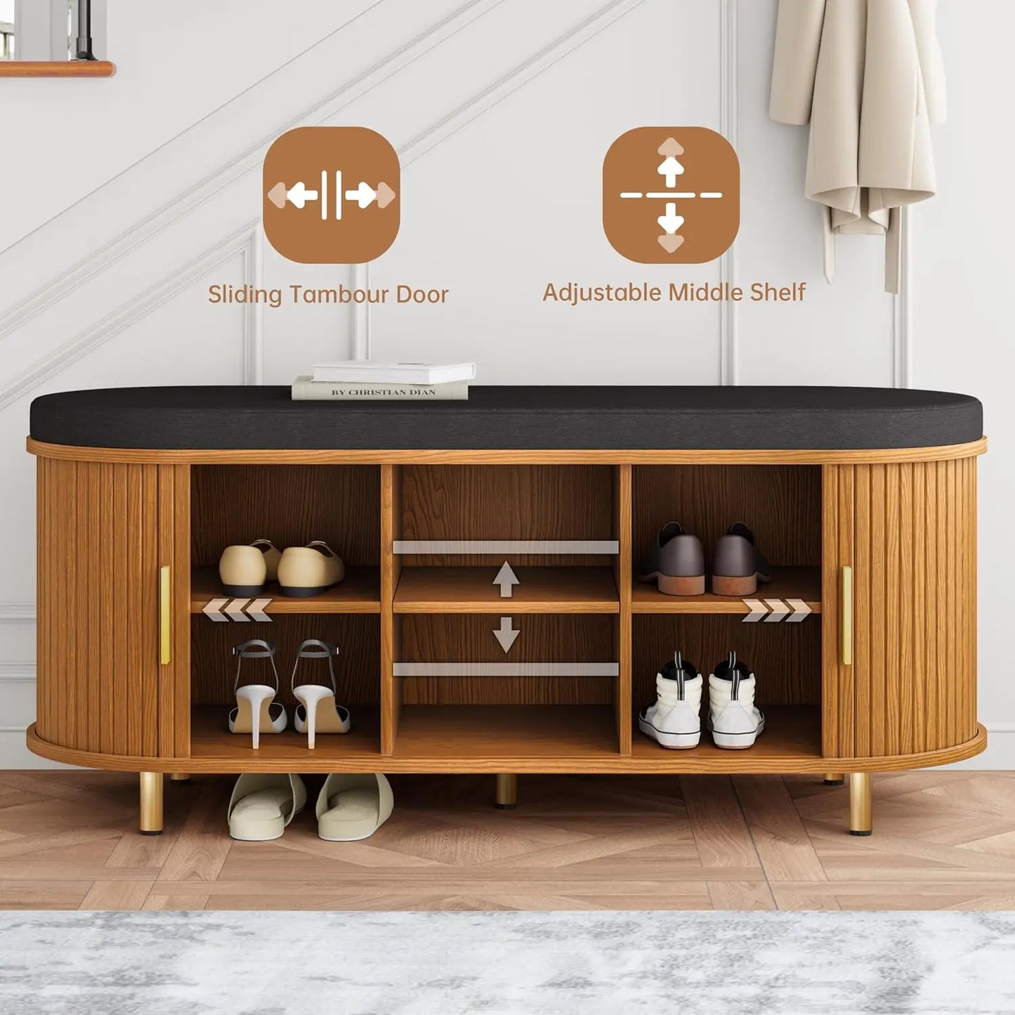 2-Tier Storage Bench, 43.3" Wide Shoe Bench with Thickened Padded Seat Cushion, Mid Century Modern Fluted Sliding, Customized