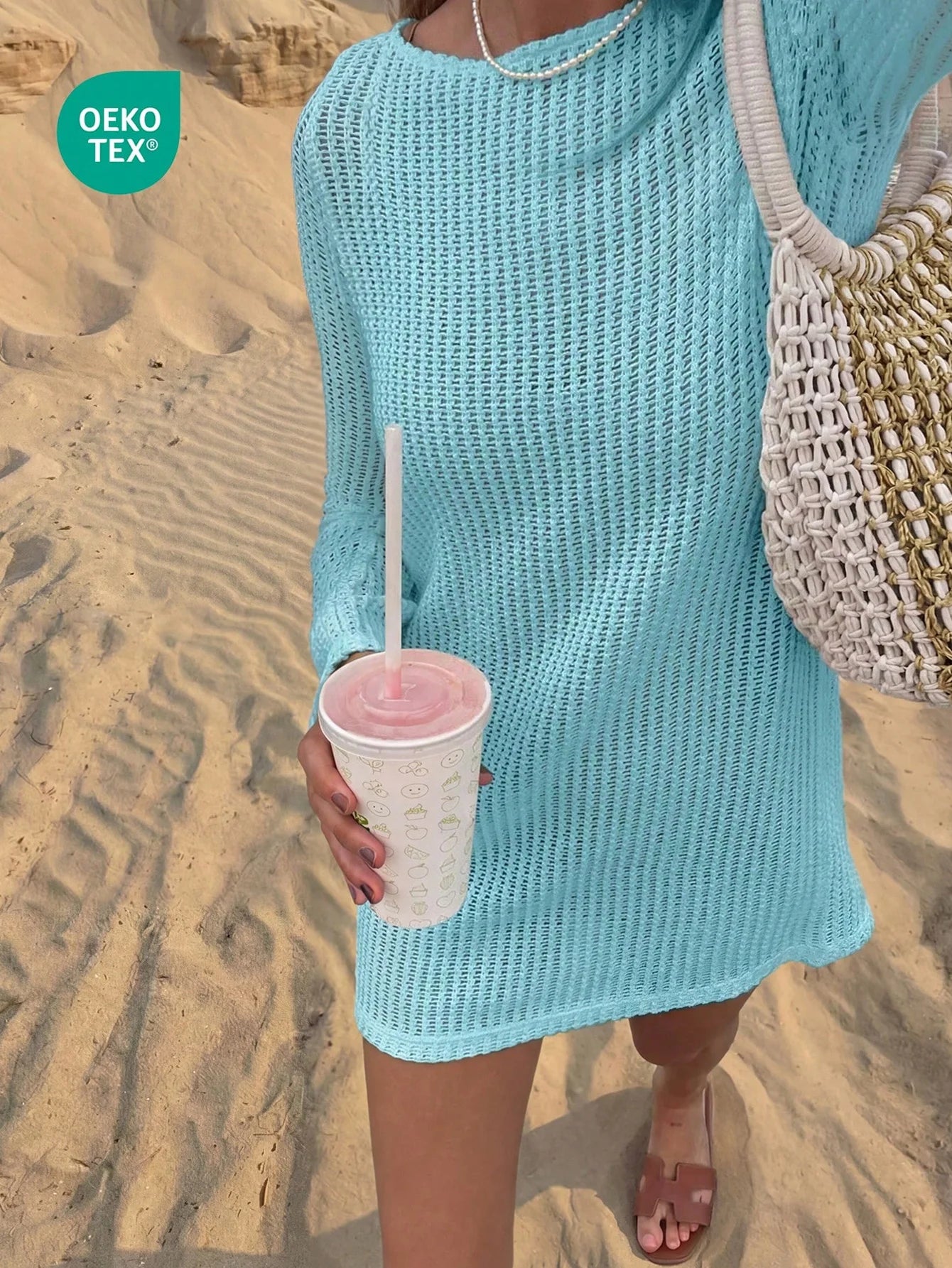 Women Solid Color Airy Beach Cover Up Mini Dress Long Sleeve See Through Casual Summer
