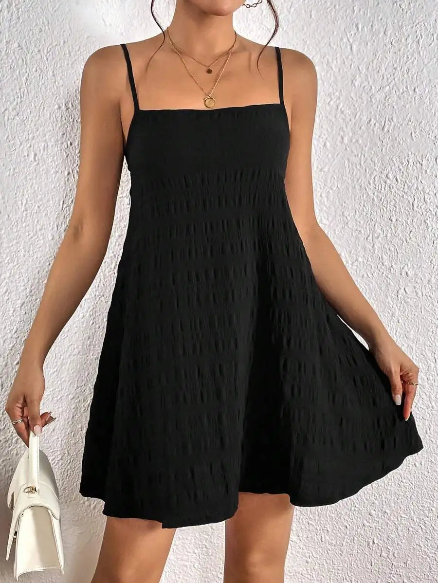 Black Smocked Square Neck Sleeveless A-Line Dress Summer Casual
