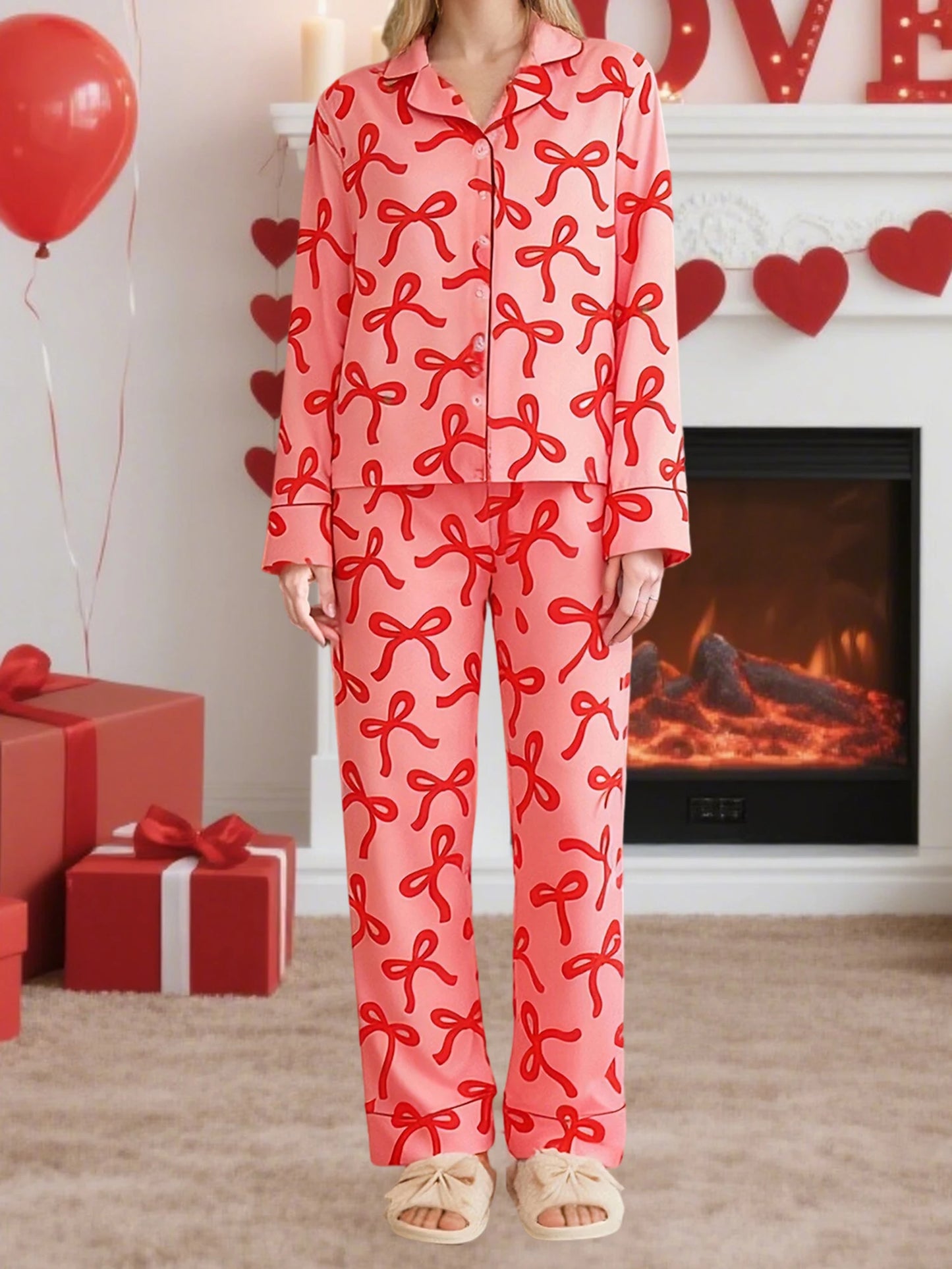 Women s 2-Piece Pajama Set featuring Long Sleeve Lapel V Neck Top with Bow Print and Button Down Detail paired with Elastic