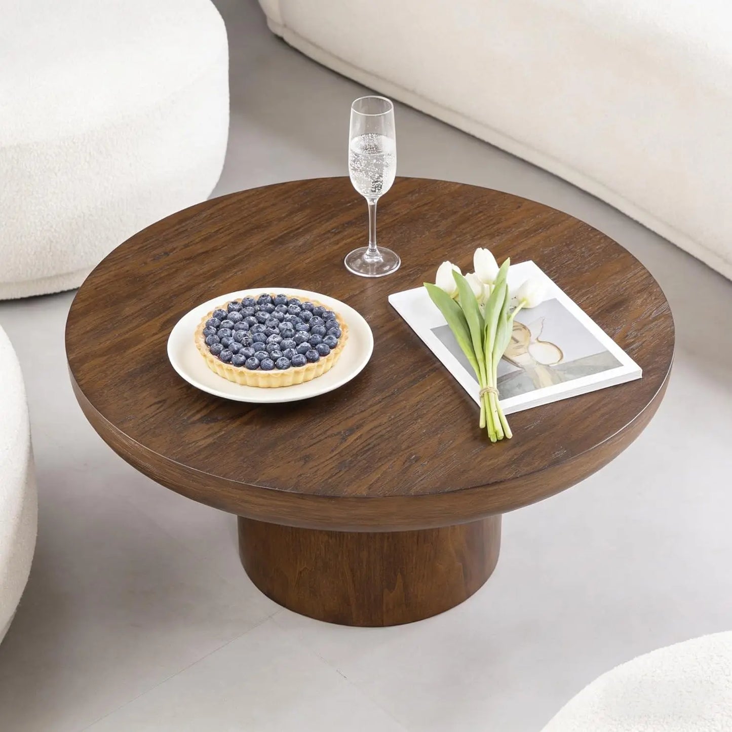 35.98'' Wood Pedestal Coffee Tables for Living Room, Rustic Round Coffee Table Brown, Modern Circle Coffee Table, Customized