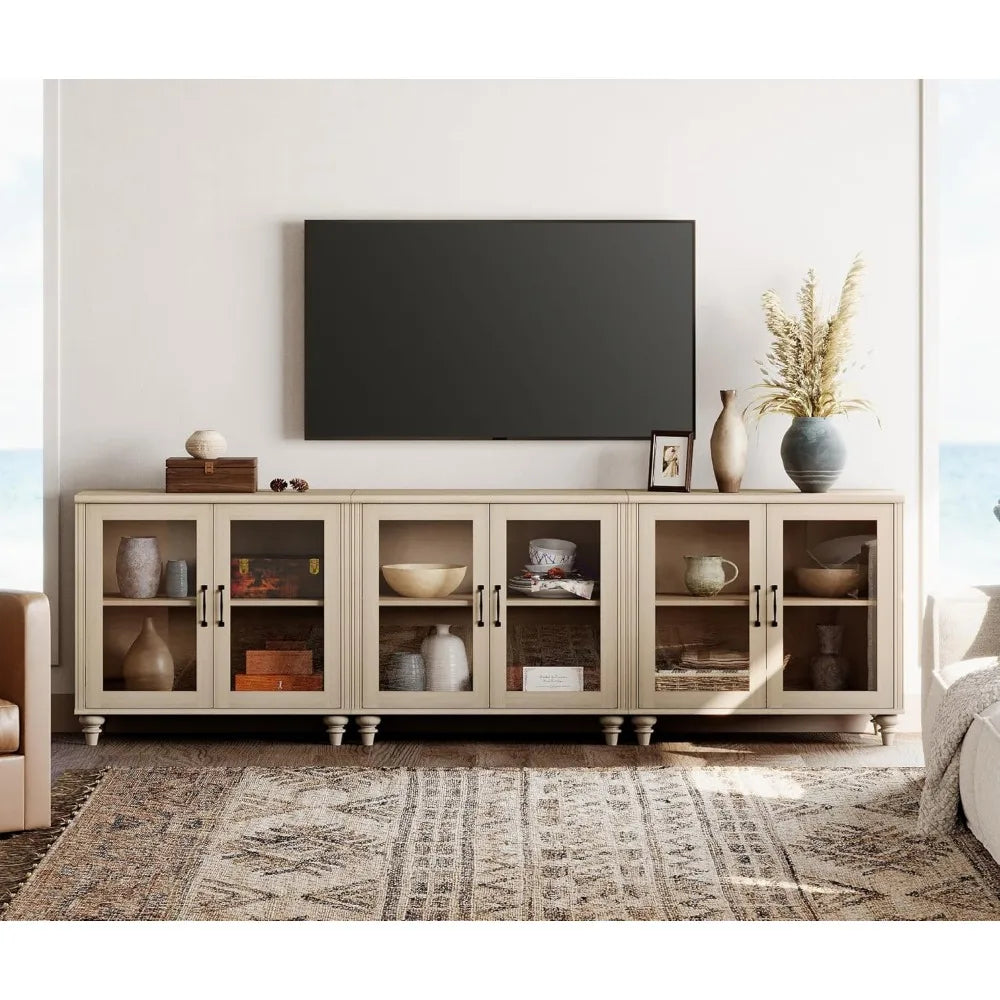 Customizable 100 Inch Light Oak Wood TV Stand, Glass Door Entertainment Center Buffet Cabinet with 6 Storage Spaces for Dining