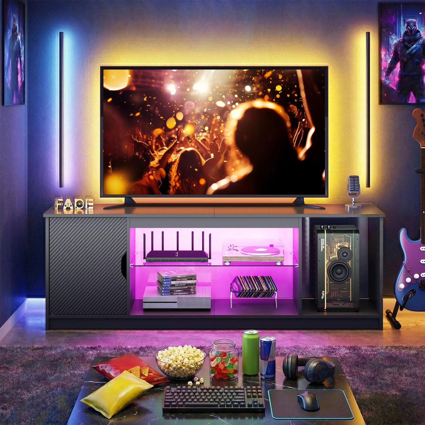 NOST&HOST 57" LED TV Stand for 55/60/65 Inch TVs - Gaming Entertainment Center with RGB Lights, Adjustable Glass Shelves & Cabinet for PS5