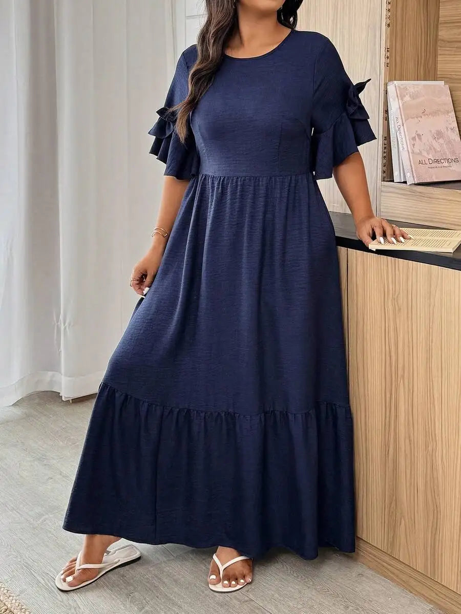 Navy Blue Solid Round Neck Ruffle Sleeve Maxi Dress with Tiered Skirt