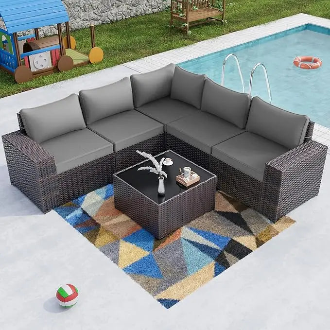 XIUWO Outdoor Patio Furniture Set Sectional Rattan Sofa With Glass Table
