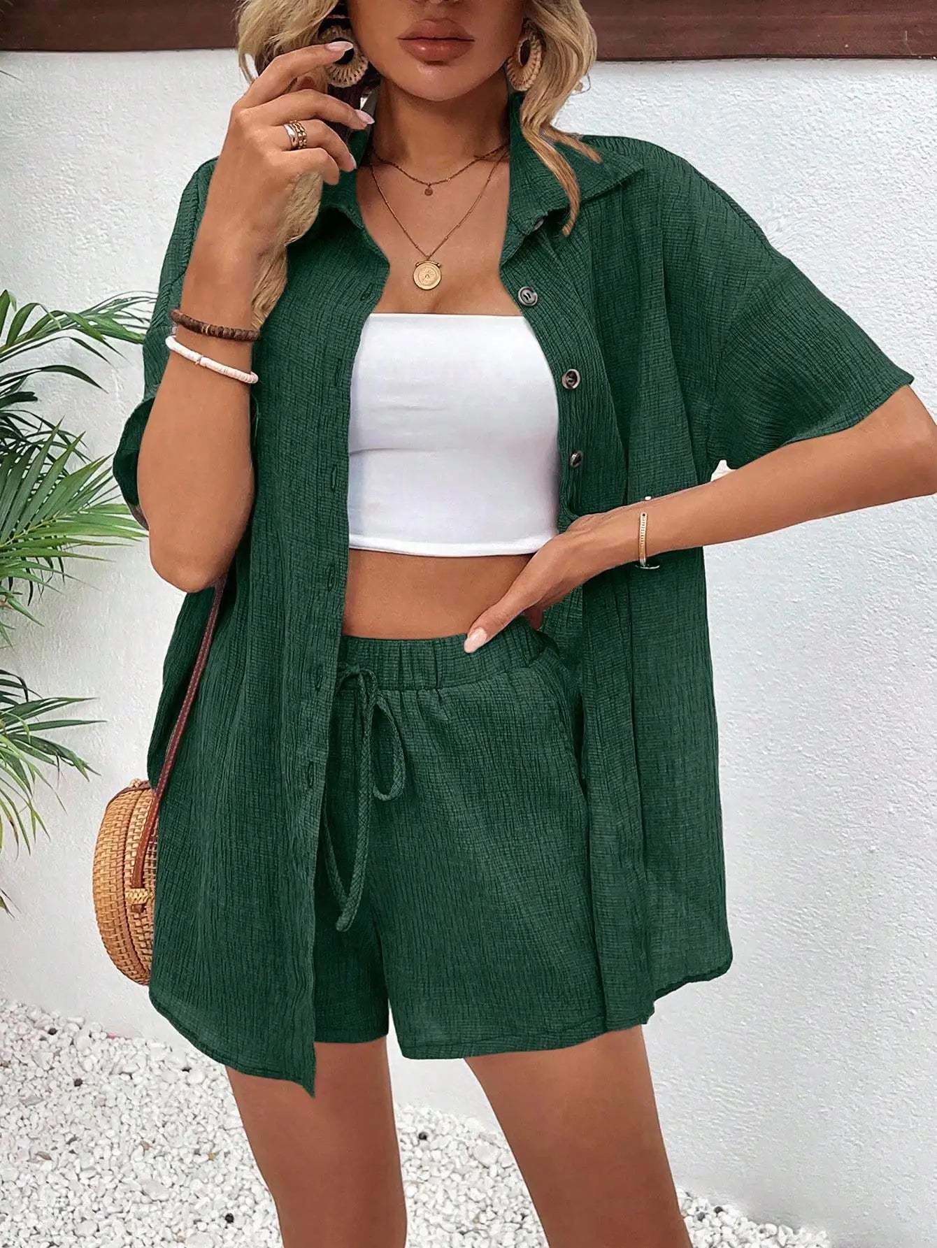 Women's Front Button Collar Short Sleeve Blouse And Tie Waist Shorts Set