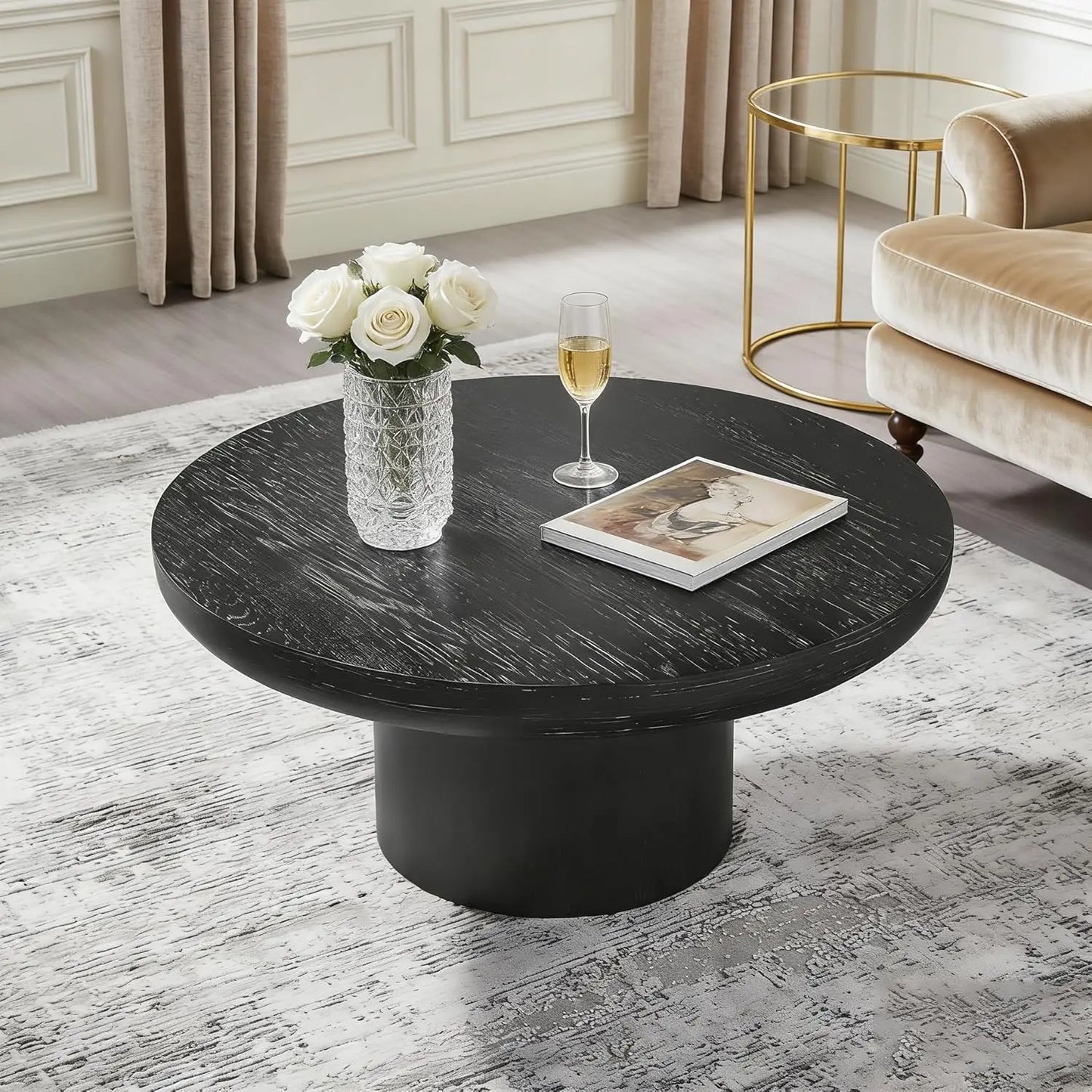 35.98'' Wood Pedestal Coffee Tables for Living Room, Rustic Round Coffee Table Brown, Modern Circle Coffee Table, Customized