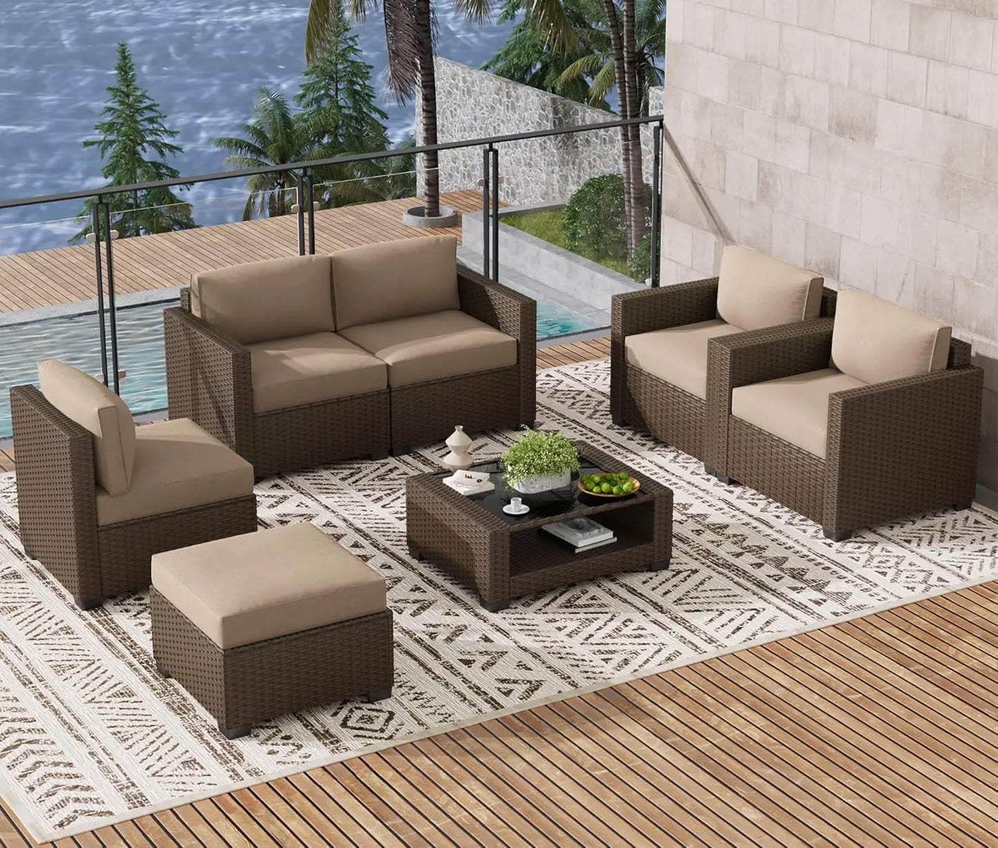 7 Piece Outdoor Patio Furniture Set, Rattan Chairs Glass Table Wicker Conversation Seating Sectional Sofa with Cushions, Custom
