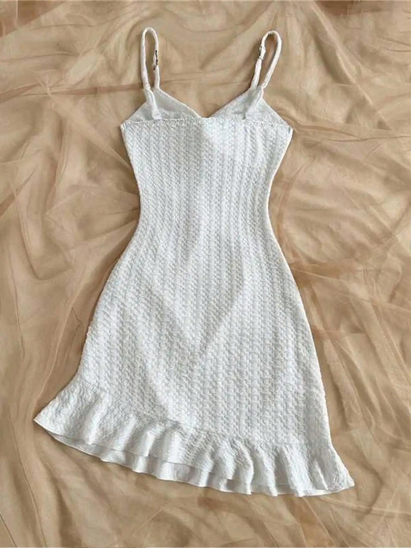 White Textured Knit Dress with Twist Bust and Ruffle Hem, Fitted Silhouette for Summer Vacations and Casual Outings