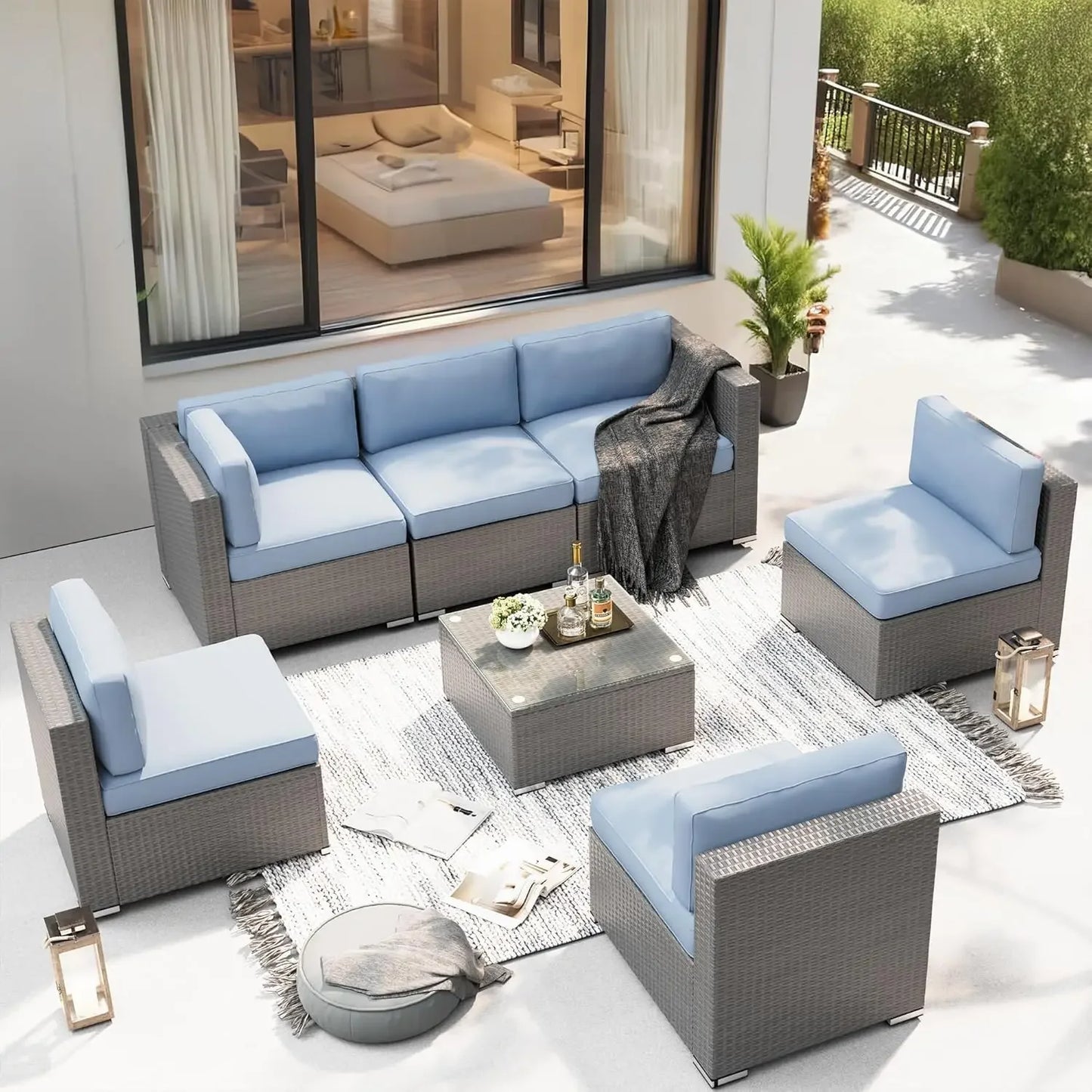 Outdoor 7 Piece Patio Furniture Set With Wicker Sectional Sofa And Coffee Table