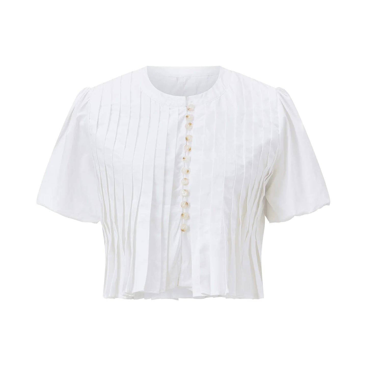 Ladies Stylish Pleated Ruffle Blouses for Summer - Chic Solid Color Bubble Sleeves with Button Down Detailing Trendy Tops for