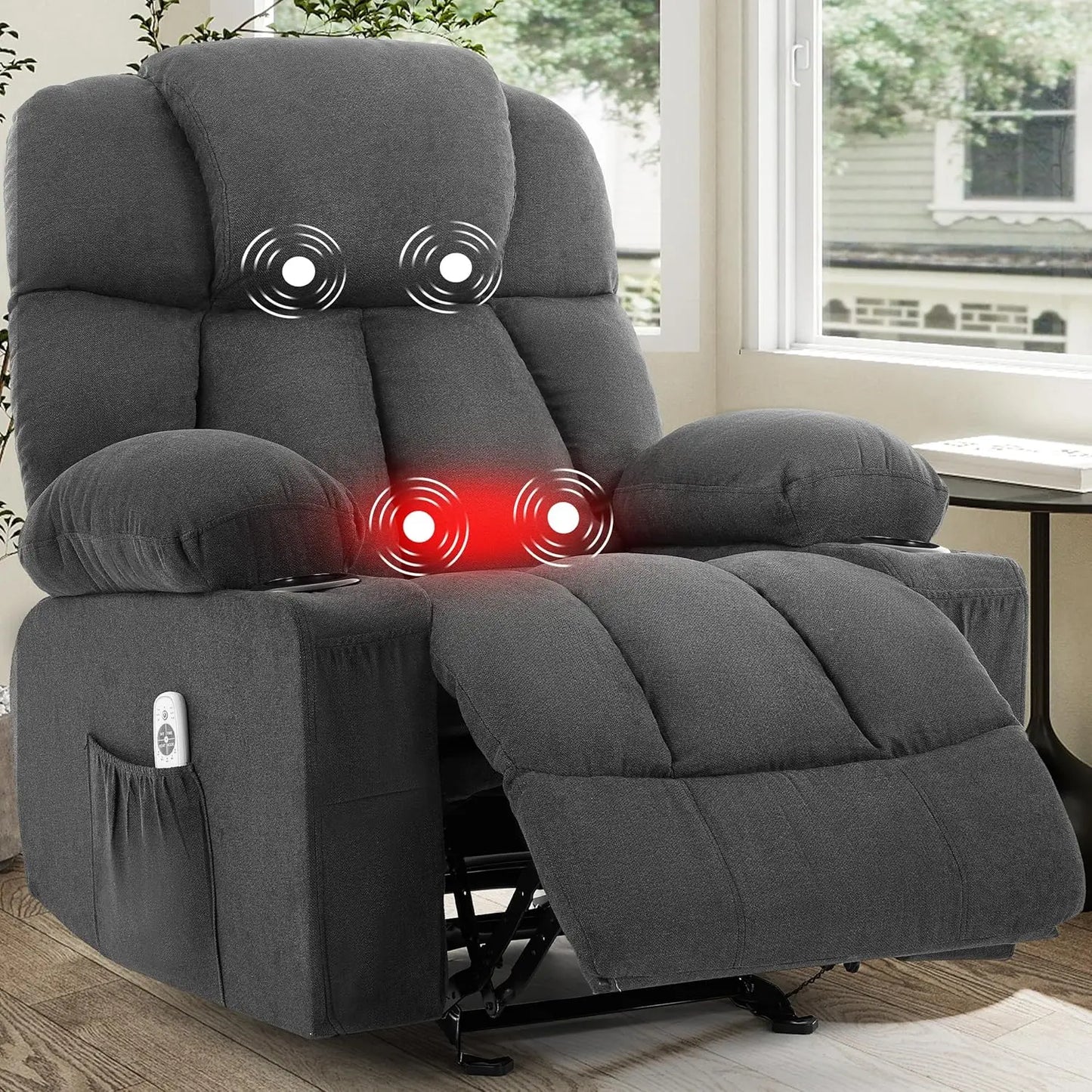 Massage Rocker Recliner Chair with Heat & Vibration Nursery Glider 4 Pockets 2 Cup Holders Fabric Beige, Customized