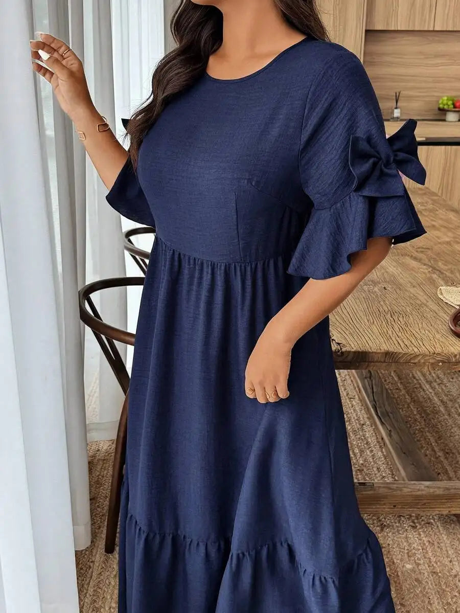 Navy Blue Solid Round Neck Ruffle Sleeve Maxi Dress with Tiered Skirt