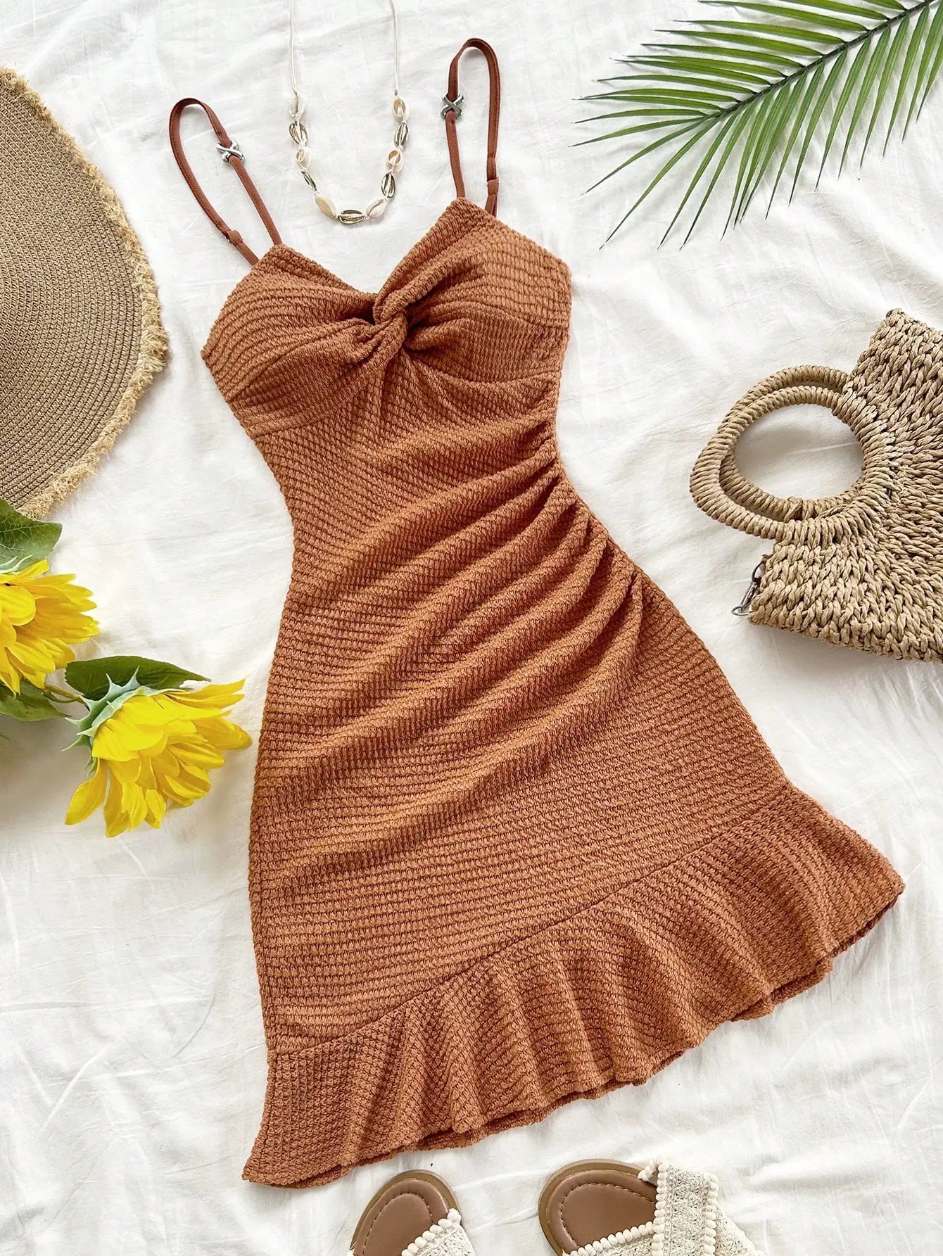 White Textured Knit Dress with Twist Bust and Ruffle Hem, Fitted Silhouette for Summer Vacations and Casual Outings