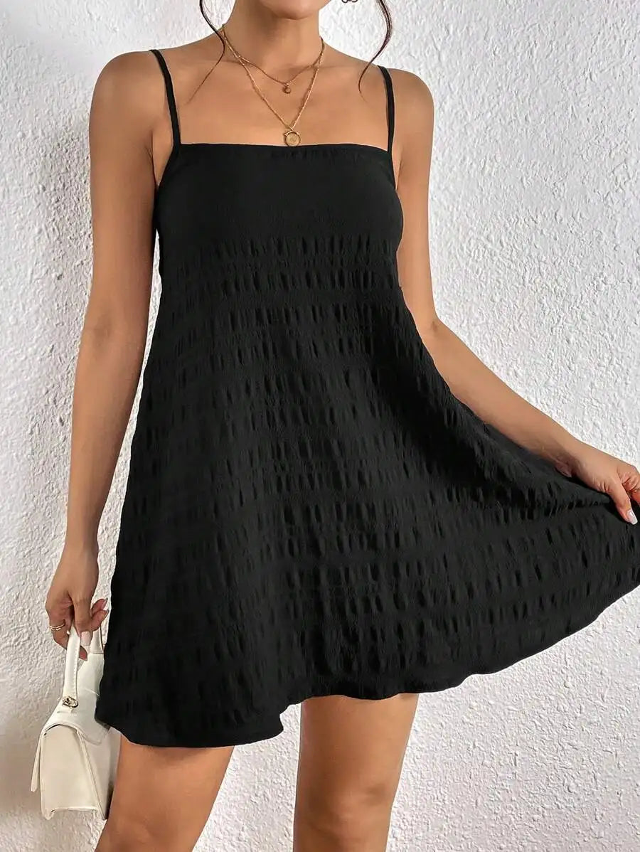 Black Smocked Square Neck Sleeveless A-Line Dress Summer Casual