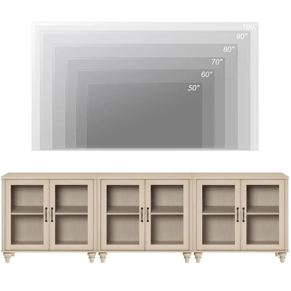 Customizable 100 Inch Light Oak Wood TV Stand, Glass Door Entertainment Center Buffet Cabinet with 6 Storage Spaces for Dining