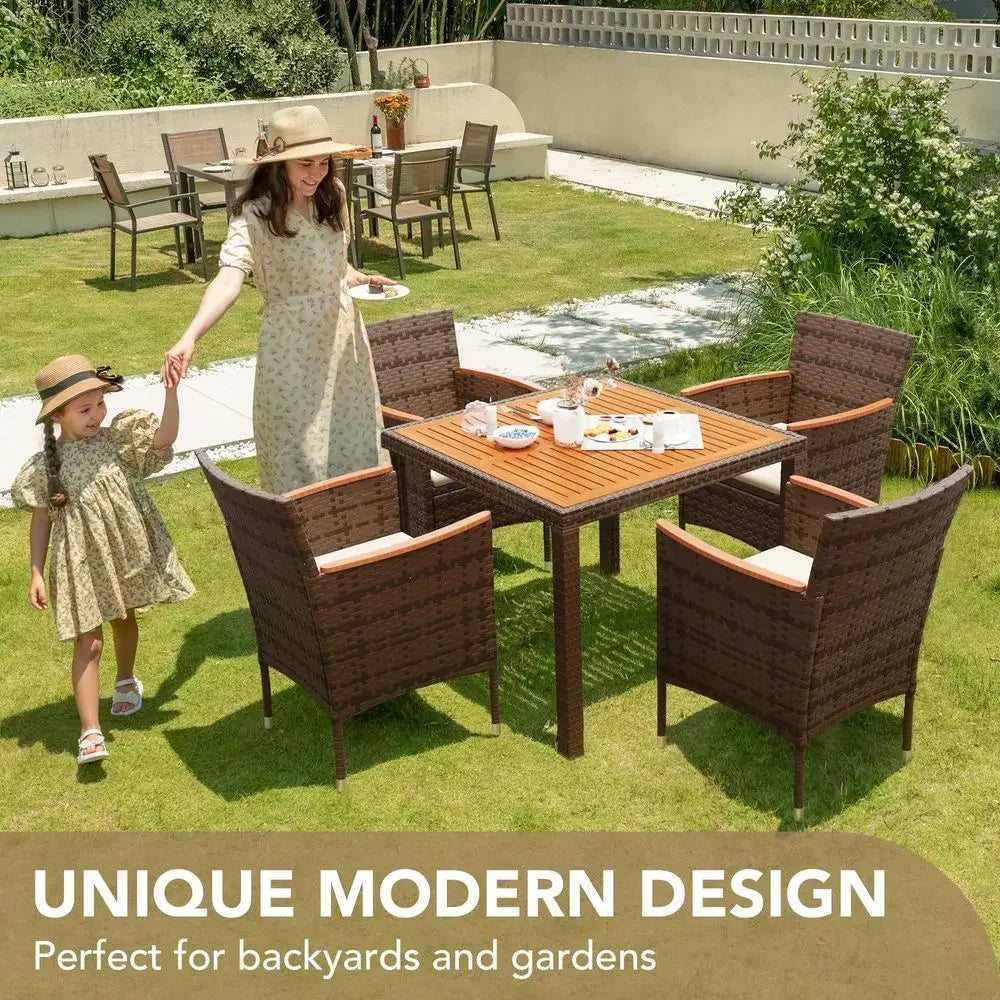 XMSJ 5 Piece Acacia Wood Patio Table Set With Rattan Chairs