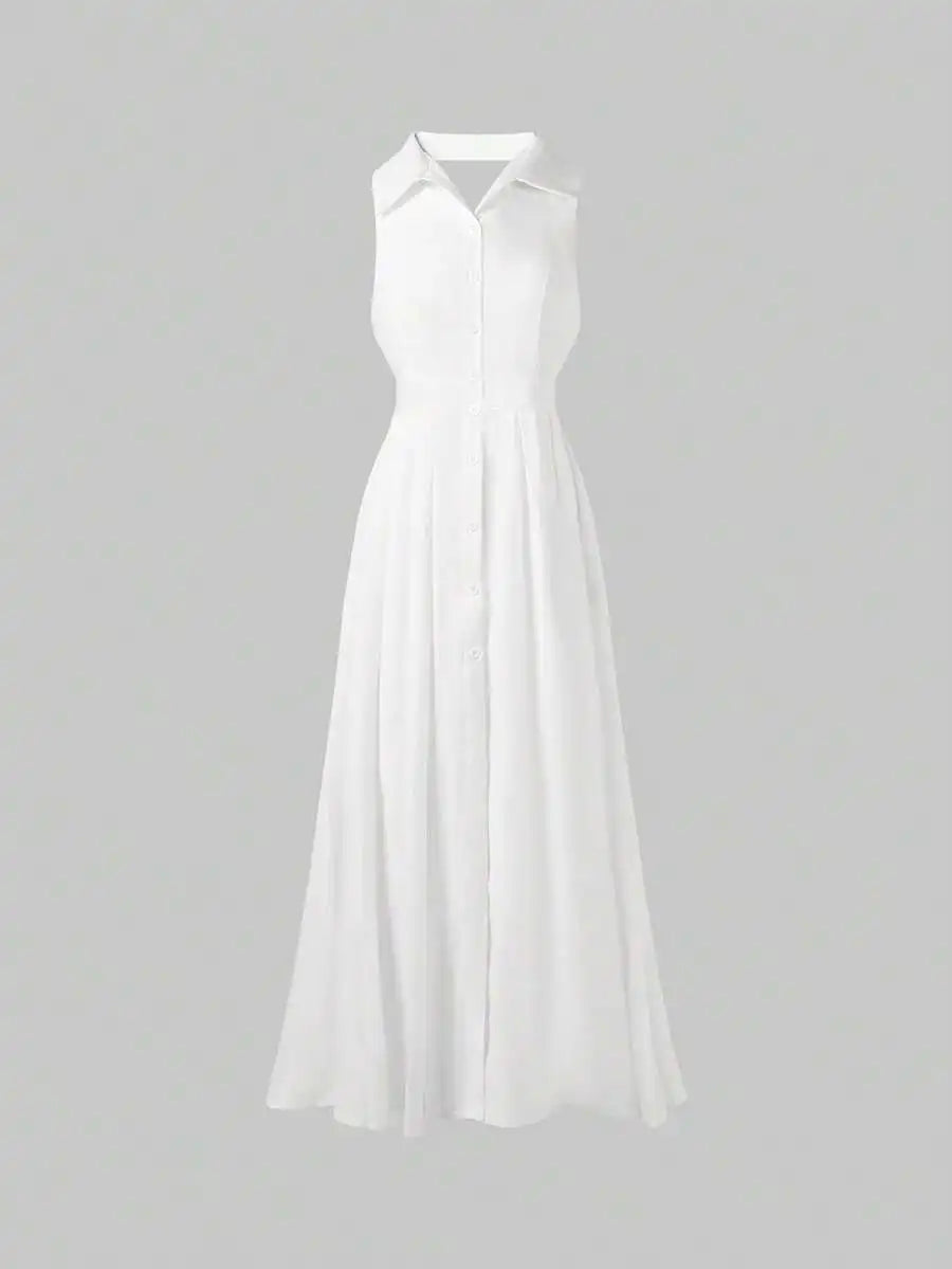 Elegant Halter Neck Maxi Dress White Linen Like For Casual Office Summer