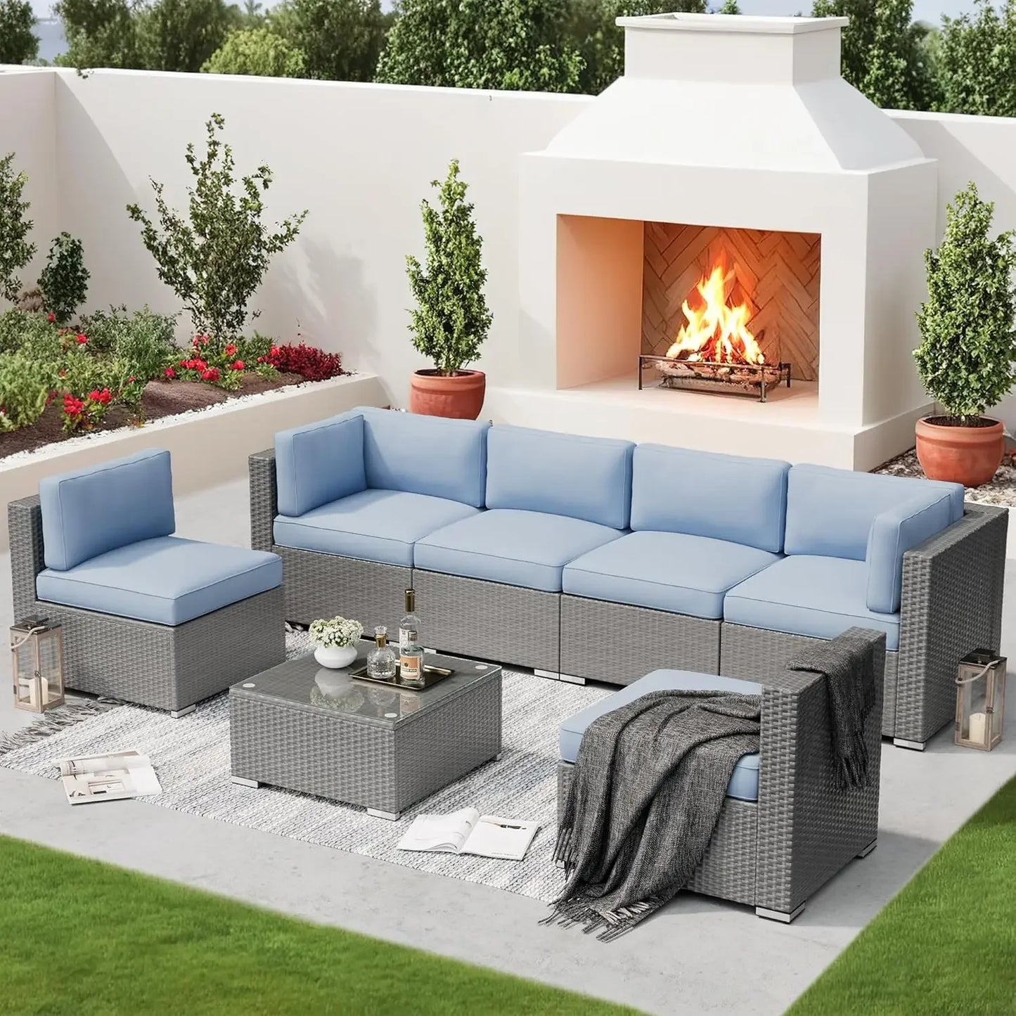 Patio Furniture Set 7 Piece Sectional Sofa With Coffee Table