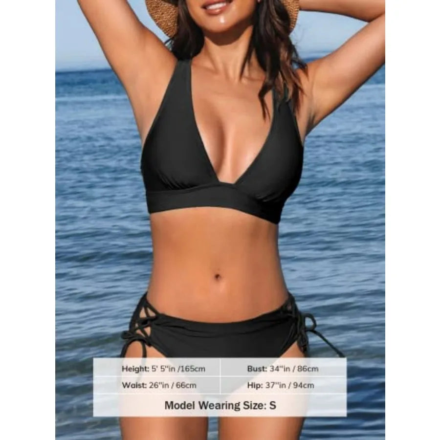 CUPSHE Bikini Set for Women Two Pcs Swimsuit V Neck Triangle Top Wide Straps Cross Back Lace up Mid Rise