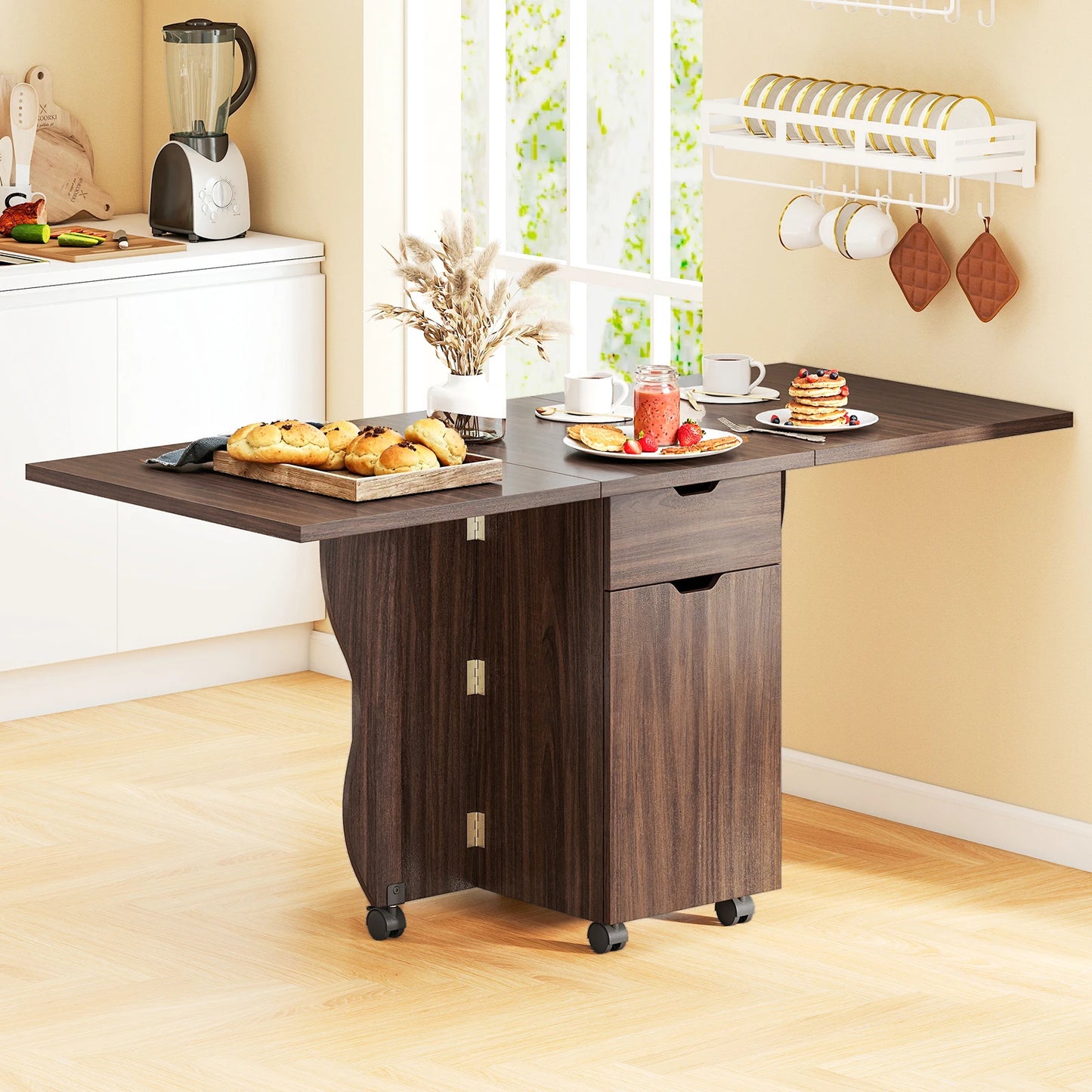 HOMASIS Folding Dining Table With Lockable Wheels, 2 Drawers