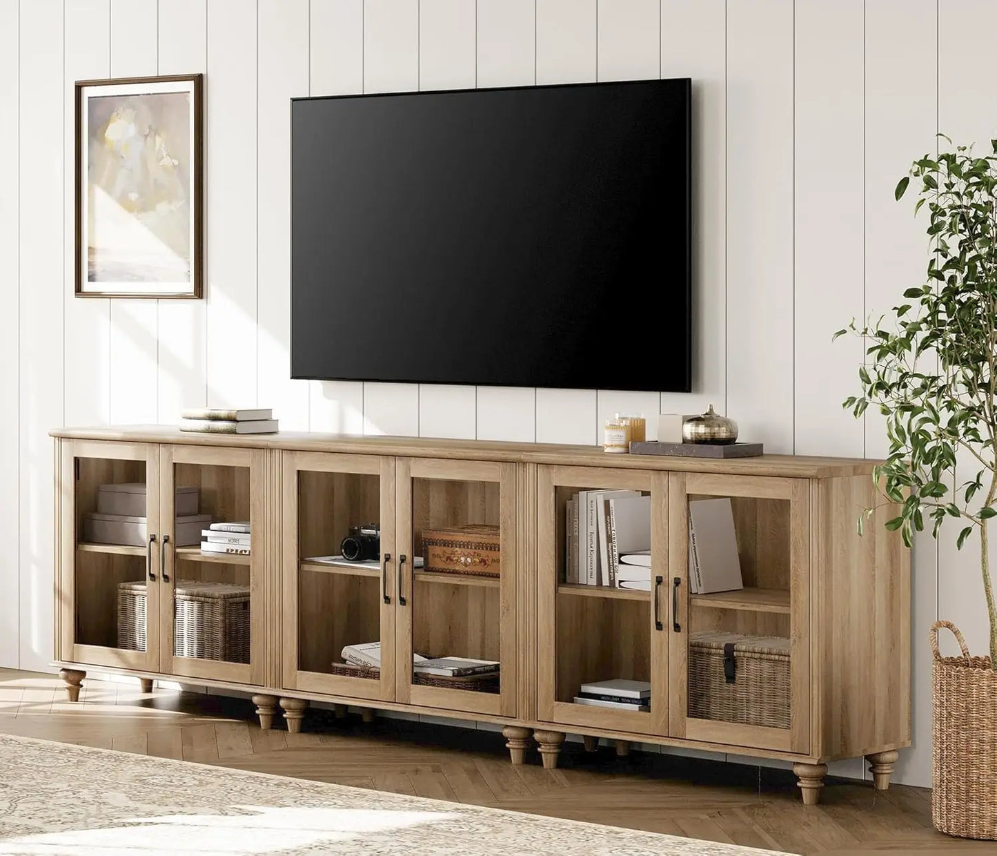 Customizable 100 Inch Light Oak Wood TV Stand, Glass Door Entertainment Center Buffet Cabinet with 6 Storage Spaces for Dining