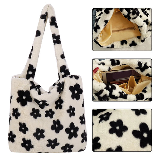 Women Fluffy Shoulder Bag Furry Faux Fur Handbag Casual Satchel Hobo Bag Plush Underarm Bag Fuzzy Tote Handbag Shopper Bag