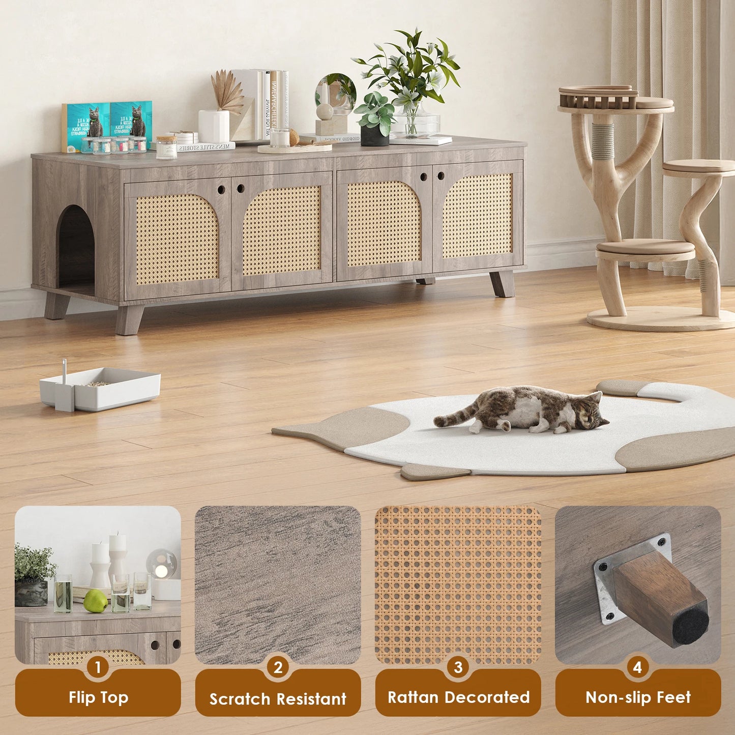 Flip Top Hidden Cat Litter Box Enclosure Furniture Cabinet with Rattan Decorated Doors for Your Home, Two Entrances