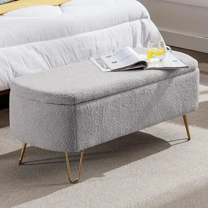 Modern Storage Ottoman Bench, Vintage Boucle Upholstered Entryway Bench, End of Bed Bench with Gold Legs, Padded, Customized
