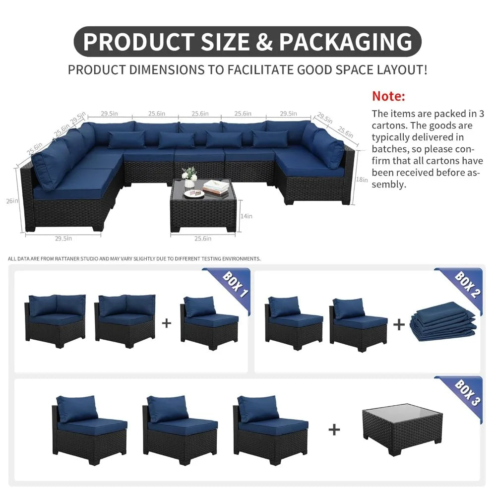 9 Pieces Outdoor Sectional All-Weather Wicker Patio Furniture Set Patio Sectional and Glass Patio Table Non-Slip, Customized