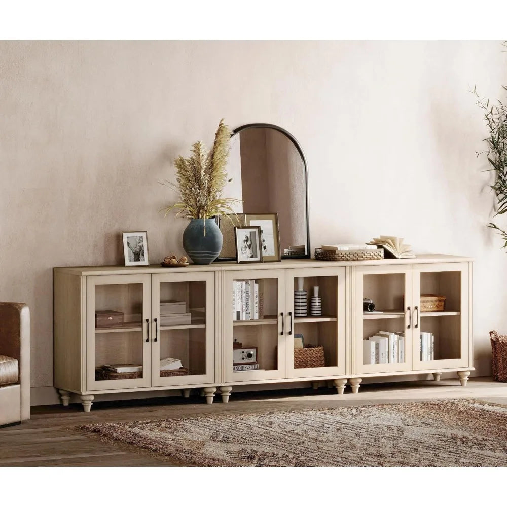 Customizable 100 Inch Light Oak Wood TV Stand, Glass Door Entertainment Center Buffet Cabinet with 6 Storage Spaces for Dining