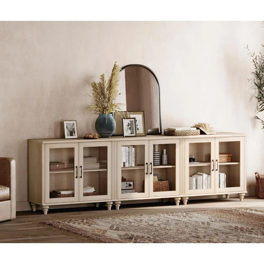 Customizable 100 Inch Light Oak Wood TV Stand, Glass Door Entertainment Center Buffet Cabinet with 6 Storage Spaces for Dining
