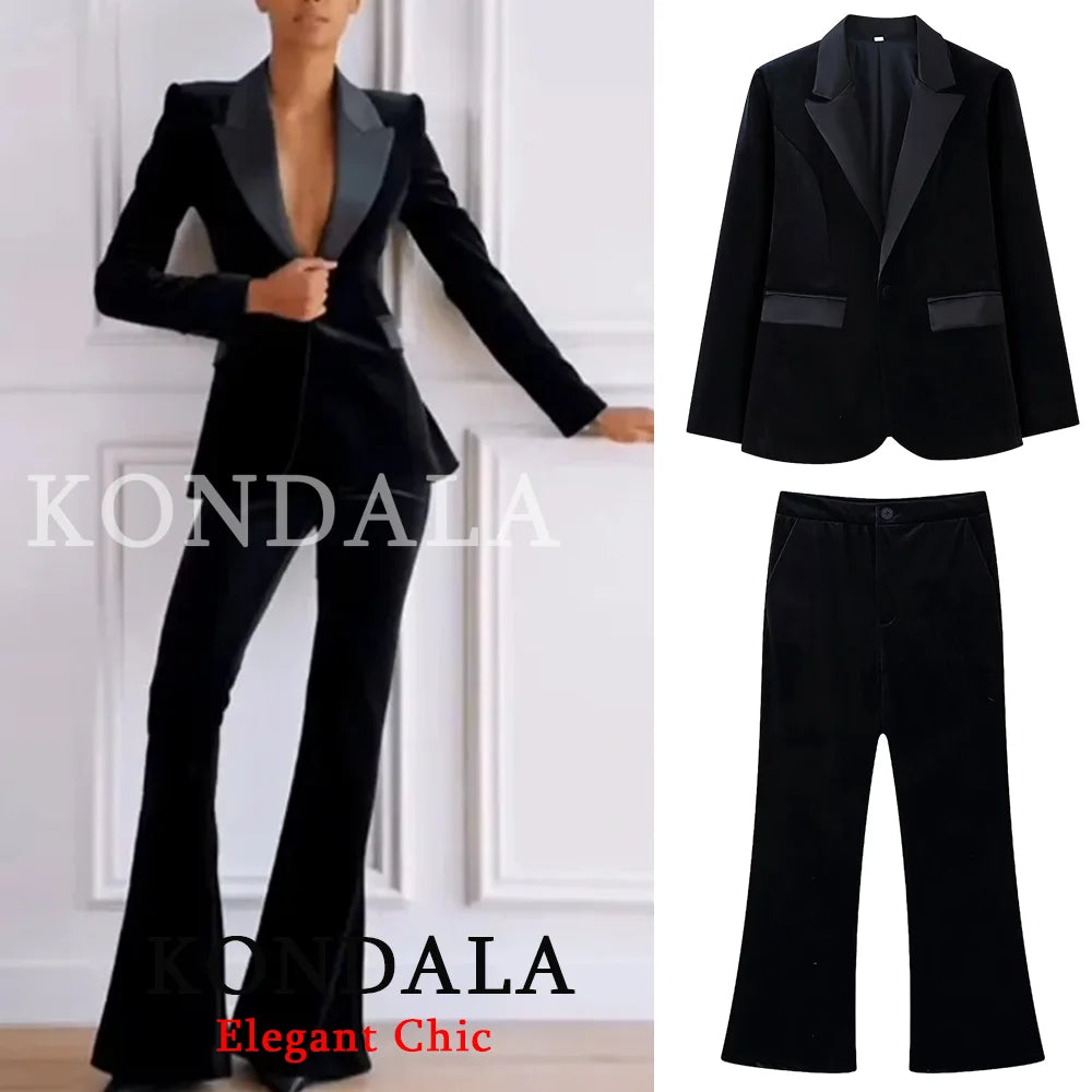 KONDALA Women Velvet Slim Blazer Set Notched Lapel With Pants