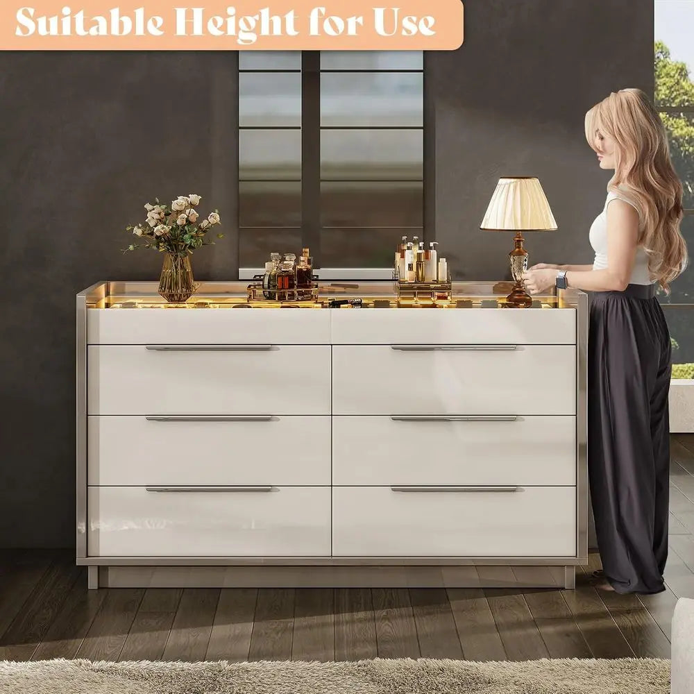 LED-Illuminated 8 Drawer High Gloss Chest with Glass Top and 2 Six-Grid Drawers, Suitable for Bedroom, Living Room, Dining Room