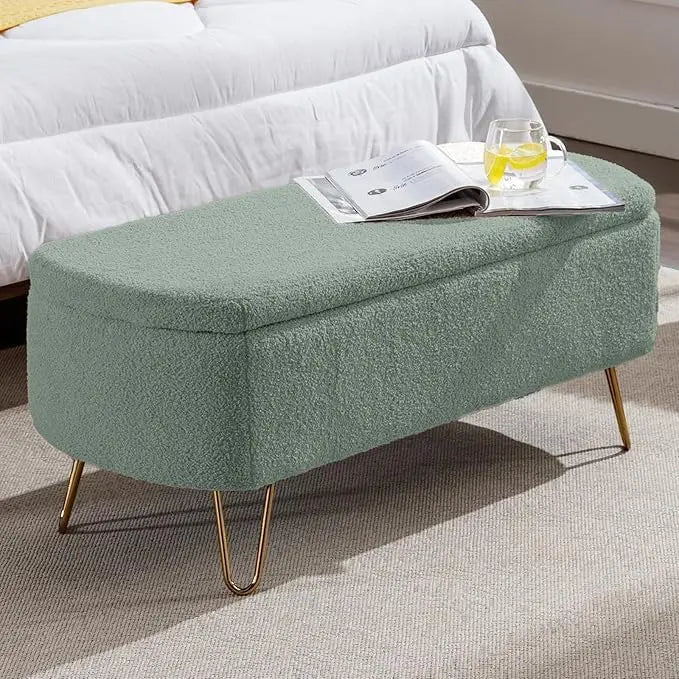 Modern Storage Ottoman Bench, Vintage Boucle Upholstered Entryway Bench, End of Bed Bench with Gold Legs, Padded, Customized