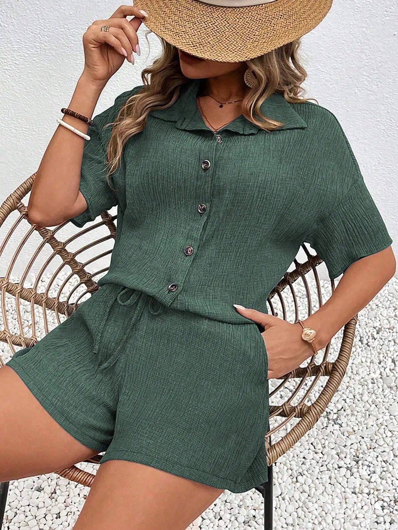 Women's Front Button Collar Short Sleeve Blouse And Tie Waist Shorts Set