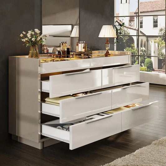 LED-Illuminated 8 Drawer High Gloss Chest with Glass Top and 2 Six-Grid Drawers, Suitable for Bedroom, Living Room, Dining Room
