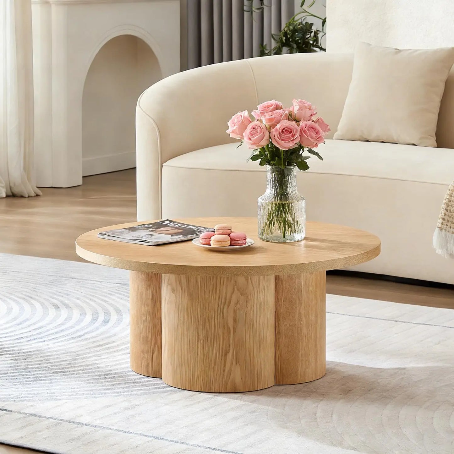 35.98'' Wood Pedestal Coffee Tables for Living Room, Rustic Round Coffee Table Brown, Modern Circle Coffee Table, Customized